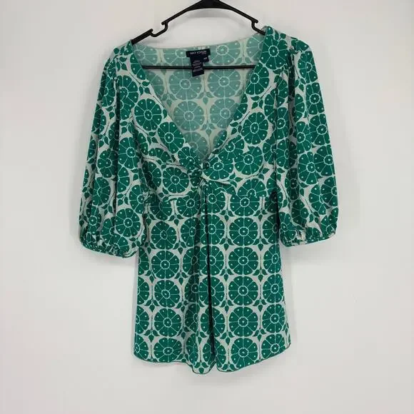 Vintage Max Studio Green Geo Print Babydoll V-Neck Top Size MP 90s y2k - Picture 1 of 8